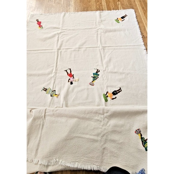 Other - VtgCaribbean hand stitched embroidered tablecloth JAMAICAN FOLK ART linen 42x70"